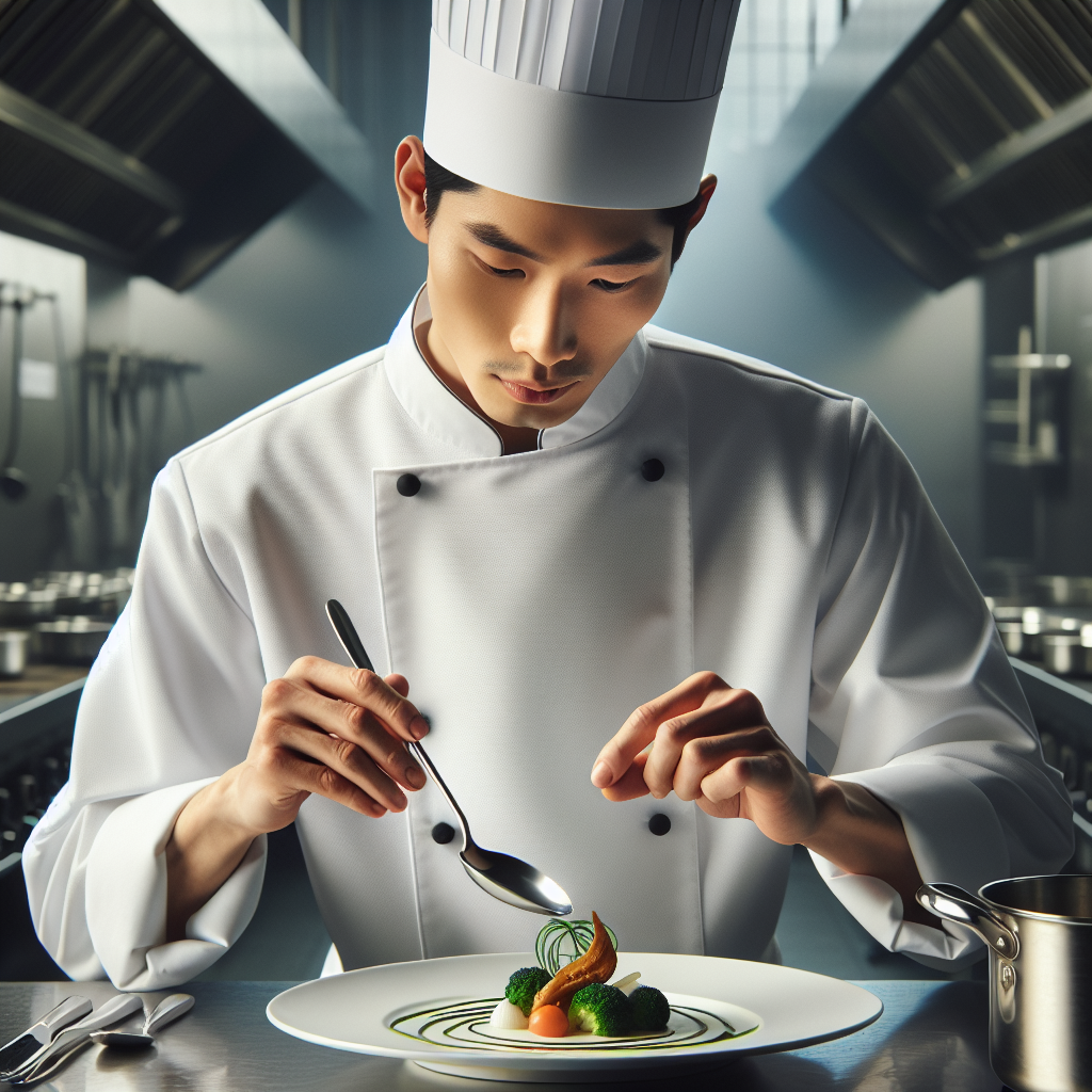 Realistic stock image of a chef plating food