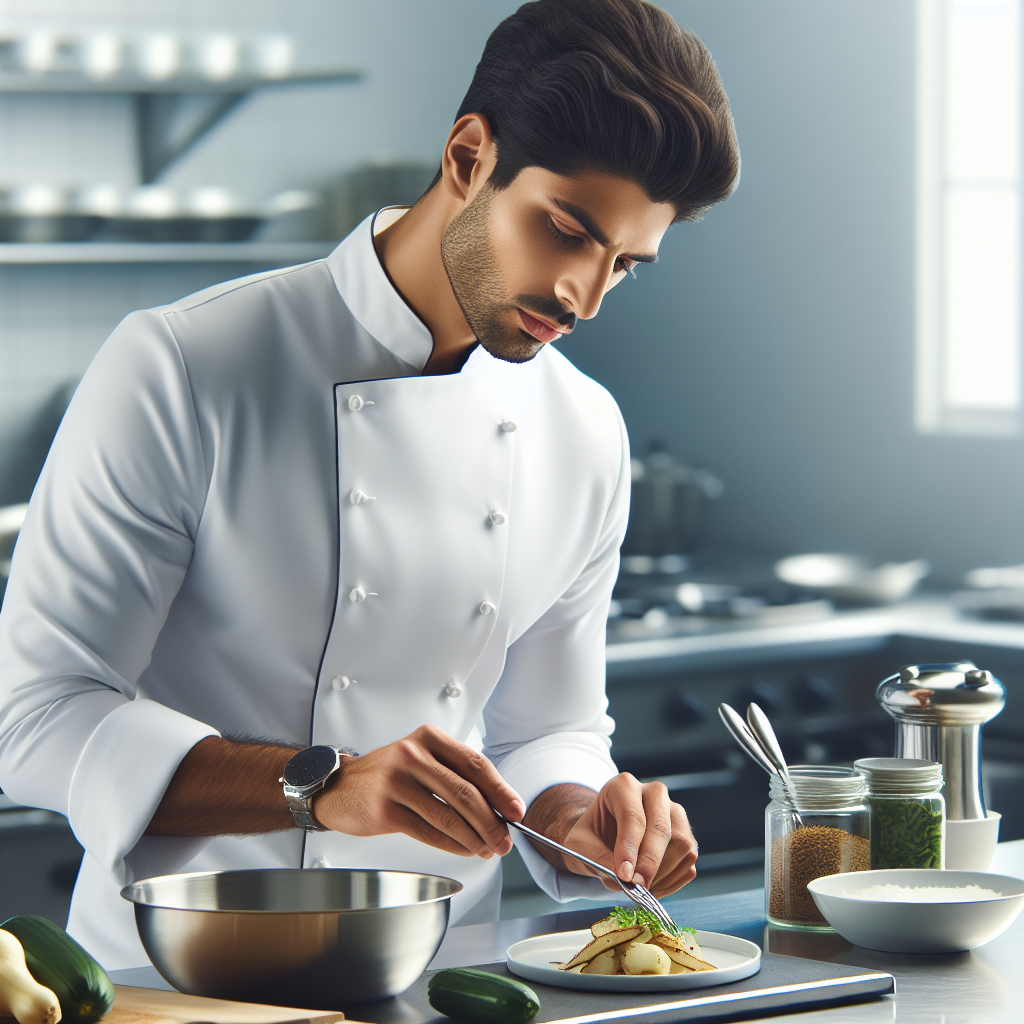 Realistic stock image of chef preparing gourmet dish.